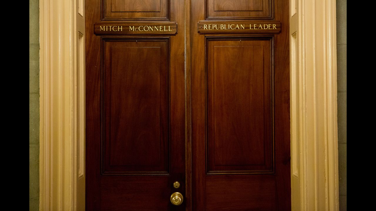The office of Sen. Mitch McConnell is seen on Capitol Hill in Washington on Wednesday, November 5.  The GOP tipped the balance of power in the Senate in Tuesday's midterm elections, allowing McConnell to take over as Senate majority leader.