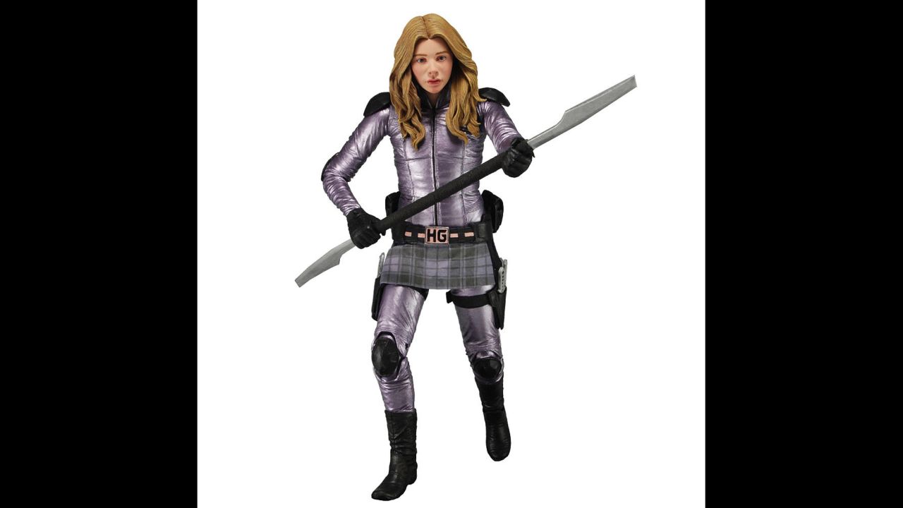Hit Girl is one of Marvel Comics' crime-fighting "Kick Ass" crew. The young assassin projects elements of school-girl innocence with her plaid skirt and purple color scheme. But the spear-wielding action figure is all business.