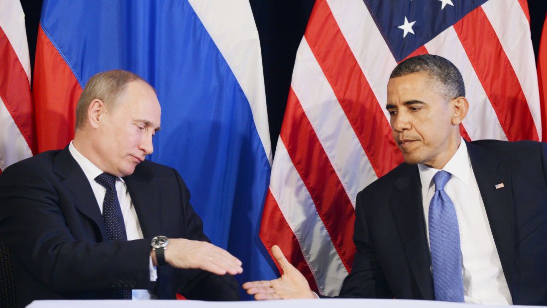 Obama shakes hands with Putin after a meeting at the G20 summit in 2012. Obama said that the pair had a "candid, thoughtful and thorough conversation" about various foreign policy topics including Syria and Iran. 