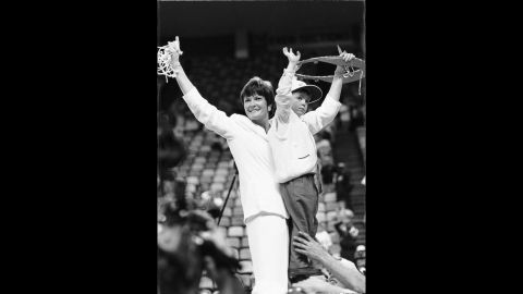 When Pat Summitt began, she had to wash her team's uniforms, drive the team van and play in rec gyms. Her success changed the landscape for generations of women basketball players. She and Tyler cut down the nets after the 1997 championship.