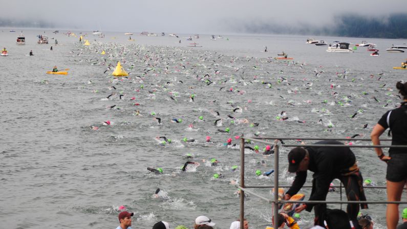 The beginning of the Ironman can be tough, especially in open-water swimming. Van Veldhuizen says it's like "a washing machine where people are pounding over each other, swimming over each other."