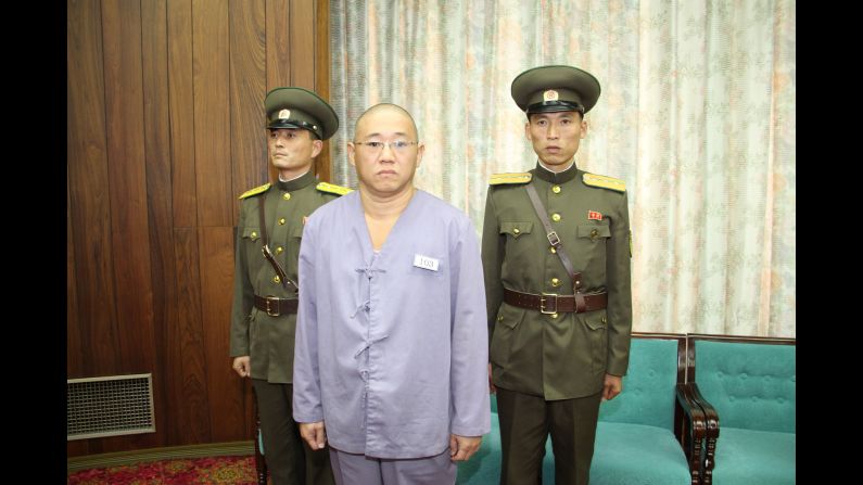 American Kenneth Bae is seen just before his release in Pyongyang, North Korea, on Saturday, November 8. Bae's sister, Terri Chung, told CNN that her family shed happy tears and spread the good news among relatives and friends. Relatives describe Bae as a devout Christian who arranged tours of North Korea.