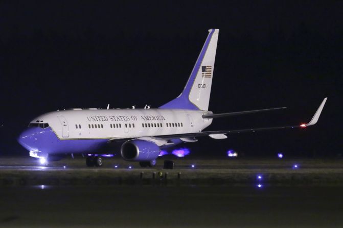 The plane carrying Kenneth Bae, Matthew Miller and James Clapper, U.S. director of national intelligence, lands at Joint Base Lewis-McChord, Washington.