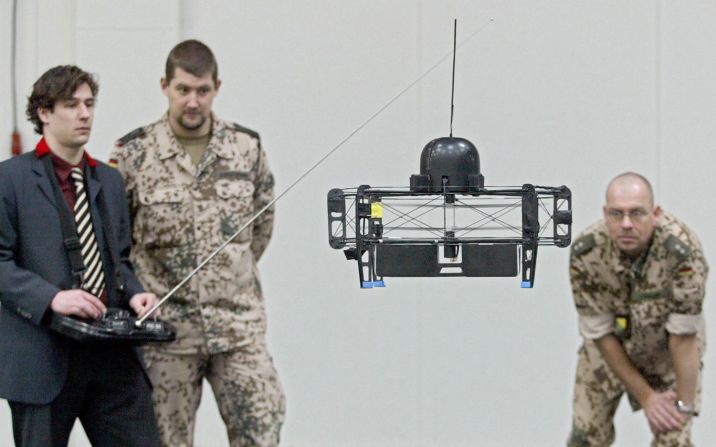 In 2004, German army officers presented this early camera drone at the CeBIT computer technology fair.
