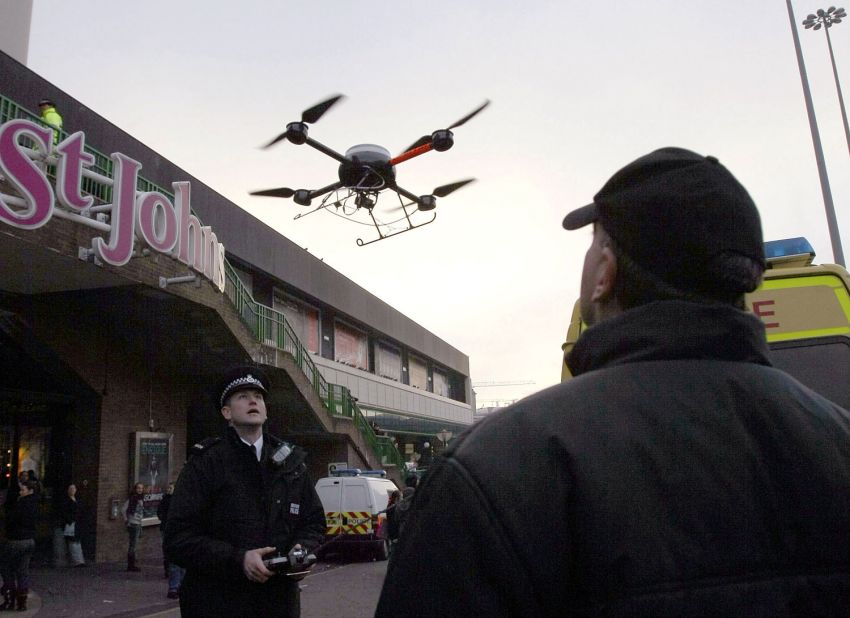 Most early drones had military or police uses. In 2007, British police in Liverpool used this drone to capture the anti-social behavior of festive revellers during the holiday season.