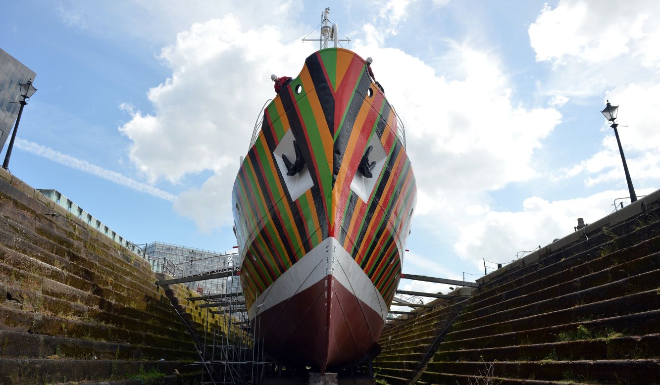 <strong><em>Dazzle Ship by Carlos Cruz-Diez, Liverpool, 2014 </em></strong><br /><br />Waldman encourages artists to explore the stories that the public isn't as familiar with. <em>Dazzle Ships</em>, a commission by Venezuelan artist Carlos Cruz-Diez and German sculptor Tobias Rehberger, for example, pays homage to the artists whose bright, geometric "dazzle" camouflage on WWI ships confounded opponents.