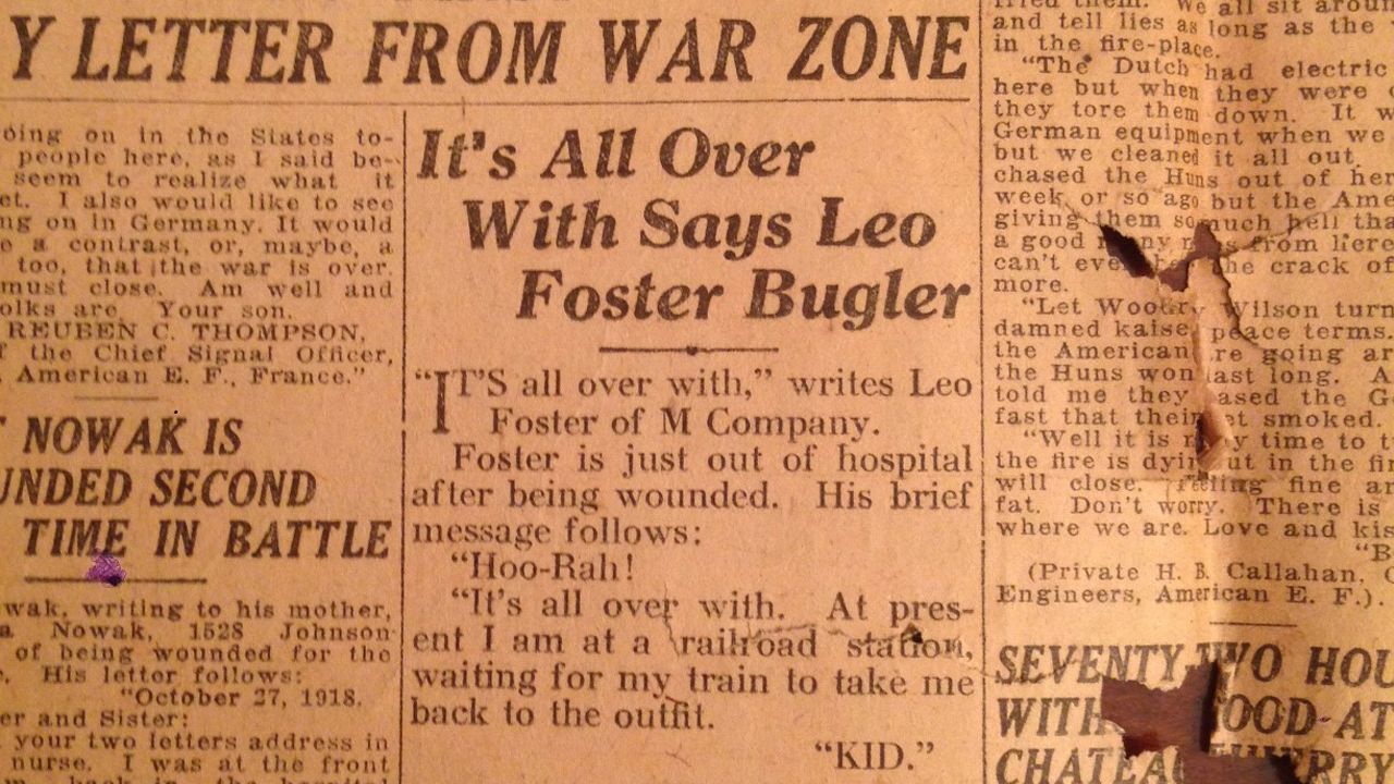 A clipping from a local paper at the end of World War I quotes Foster.