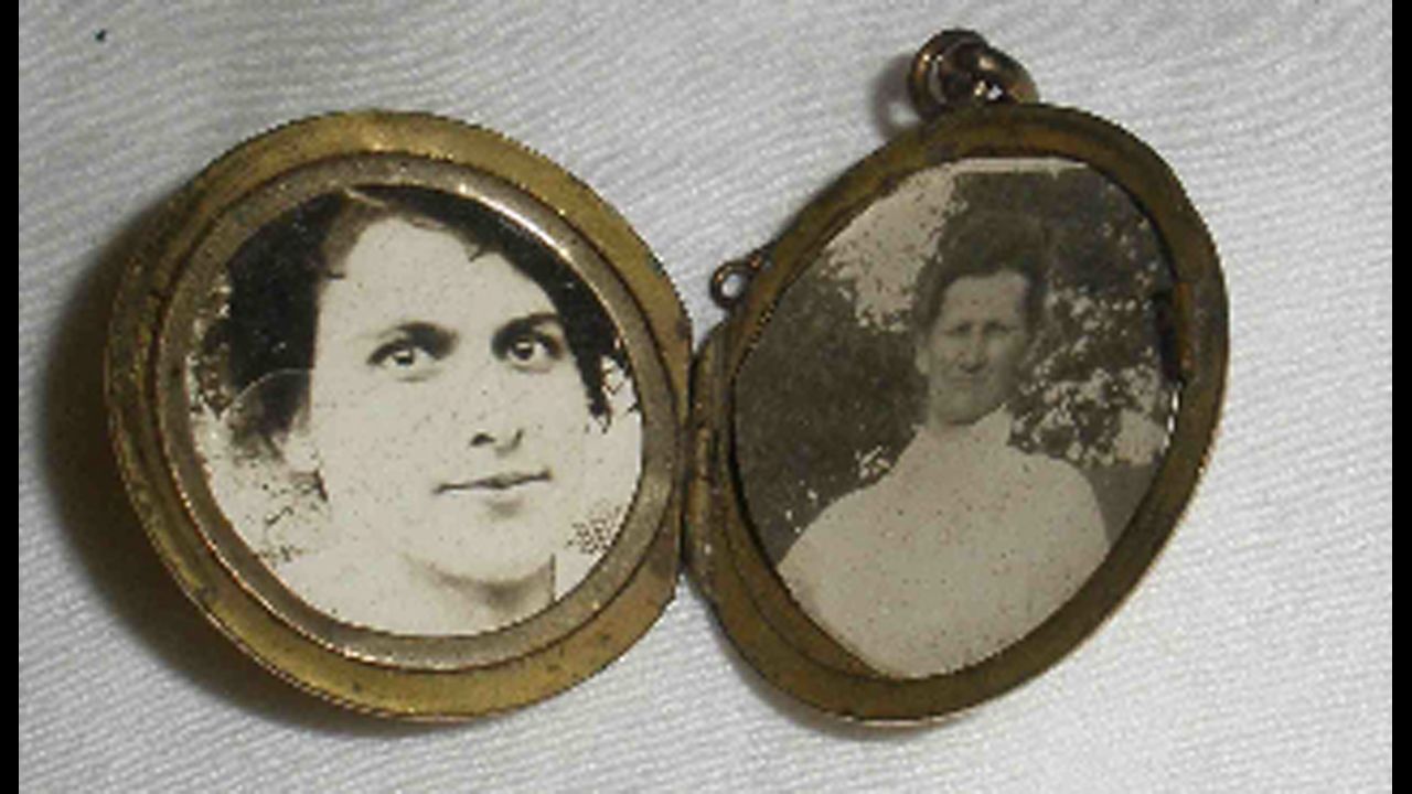 Leo Foster, a bugler in World War I, carried this locket with him, including a photo of a sister and his mother.