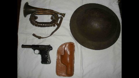 Leo Foster's bugle, helmet and gun were among the items in his war chest.