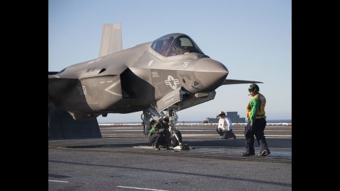 An F-35C is prepared for launch from the USS Nimitz.