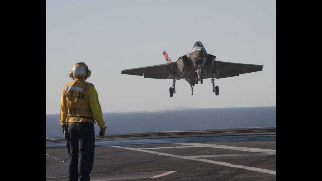 An F-35C comes in for a landing aboard the USS Nimitz.