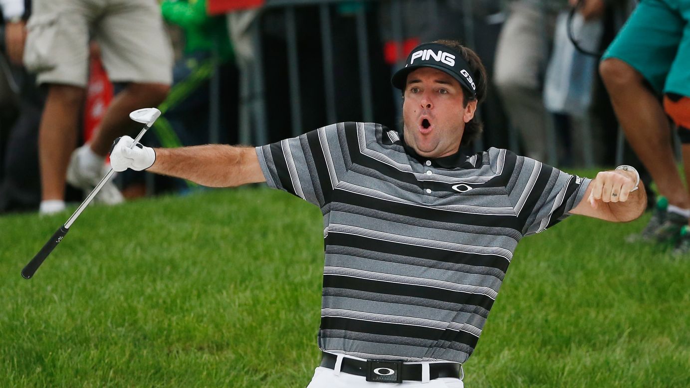 American golfer Bubba Watson celebrates after making a bunker shot on the 18th hole for eagle to win the WGC-HSBC Champions at the Sheshan International Golf Club in Shanghai, China, on Sunday, November 9.