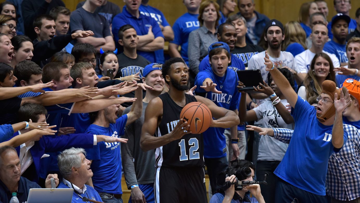 Fans taunt David Williams of the Livingstone College Blue Bears as he prepares to inbound the ball against the Duke Blue Devils at Cameron Indoor Stadium in Durham, North Carolina, on Tuesday, November 4. Duke won 115-58.
