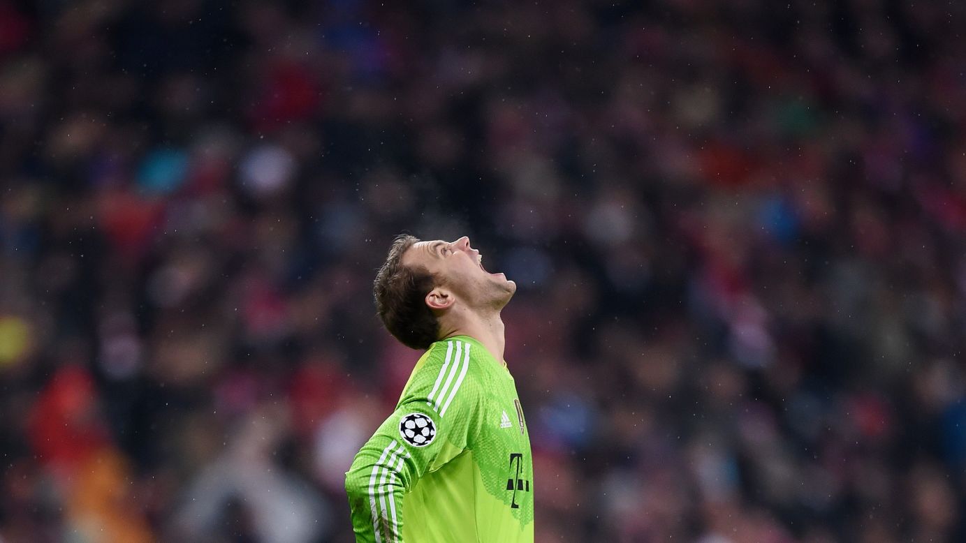 Manuel Neuer of Bayern Munich reacts during the UEFA Champions League Group E match against AS Roma at Allianz Arena in Munich, Germany, on Wednesday, November 5. Bayern beat Roma 2-0.