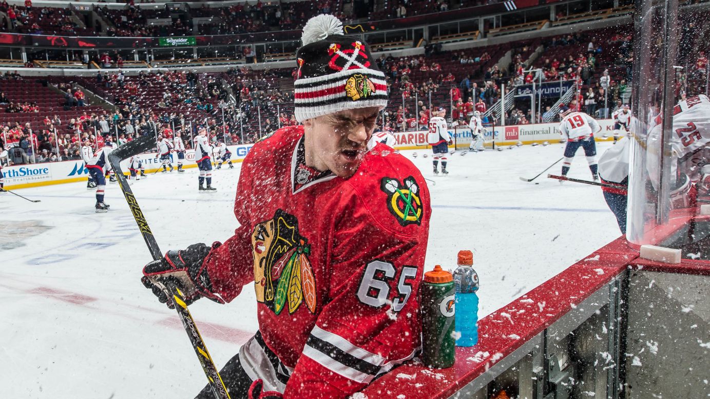 Andrew Shaw of the Chicago Blackhawks is sprayed with water during warm-ups before taking on the Washington Capitals on Friday, November 7, at the United Center in Chicago. The Capitals won 3-2.