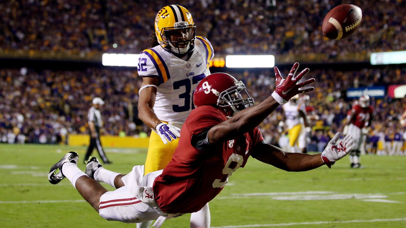 Amari Cooper of the Alabama Crimson Tide fails to make a catch in the second quarter as Jalen Collins of the LSU Tigers defends on Saturday, November 8, at Tiger Stadium in Baton Rouge, Louisiana. Alabama defeated LSU 20-13.