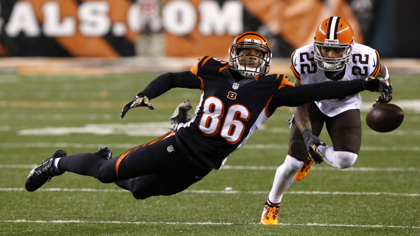 Cincinnati Bengals wide receiver James Wright, left, is unable to make a catch while being defended by Cleveland Browns cornerback Buster Skrine on Thursday, November 6, at Paul Brown Stadium in Cincinnati, Ohio. The Browns won 24-3.