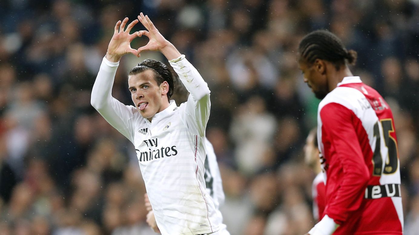 Gareth Bale of Real Madrid celebrates after scoring the opening goal during a La Liga match at Estadio Santiago Bernabeu in Mardid, Spain, on Saturday, November 8.