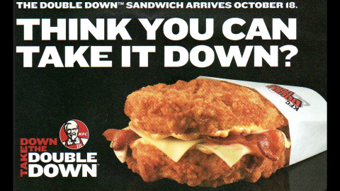 Craving a hamburger, fried chicken and bacon all at once? KFC's Zinger Double Down<strong> </strong>has you covered. The hamburger topped with bacon, barbecue sauce and "pepper dressing" sandwiched between two pieces of crispy fried chicken, um, doubles down on the fast-food chain's success with the original 2010 Double Down, pictured, a sandwich of bacon, cheese and the Colonel's sauce between two chicken fillets.  