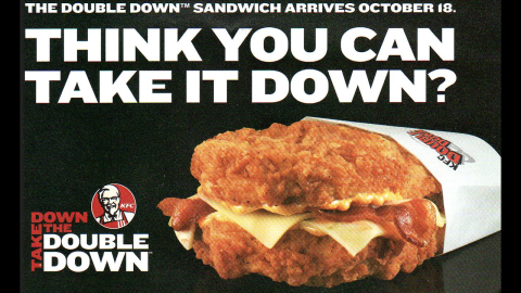 Craving a hamburger, fried chicken and bacon all at once? KFC's Zinger Double Down<strong> </strong>has you covered. The hamburger topped with bacon, barbecue sauce and "pepper dressing" sandwiched between two pieces of crispy fried chicken, um, doubles down on the fast-food chain's success with the original 2010 Double Down, pictured, a sandwich of bacon, cheese and the Colonel's sauce between two chicken fillets.