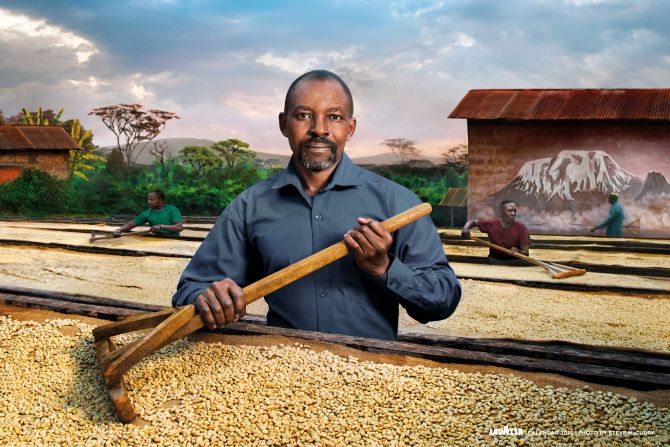 Here, Tanzanian missionary Father Peter Kilasara can be seen sifting through locally-grown coffee beans. He's been instrumental in helping local farmers source better equipment. As the leader of the Kirua Children Association, he also been promotes education for young children in the region. 