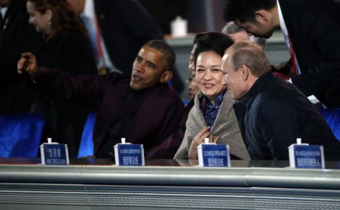 Obama; from left, Chinese President Xi Jinping; Xi's wife, Peng Liyuan; and Putin watch a fireworks display during the APEC meeting in Beijing on November 10.