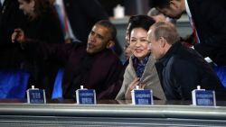 U.S. President Barack Obama (L), Chinese President Xi Jinping (2L), Jinping's wife Peng Liyuan (C) and Russian President Vladimir Putin (R) watch a fireworks display during the APEC Leaders meeting November 10, 2014 in Beijing, China.