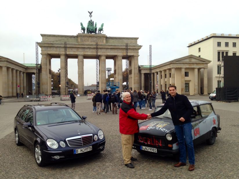 CNN's Jim Clancy (left) and CNN's Fred Pleitgen compare the experiences of driving a Mercedes car and a Trabant.