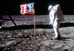 Buzz Aldrin poses next to the U.S. flag on July 20, 1969, on the moon during the Apollo 11 mission. (Photo by NASA/Liaison)
