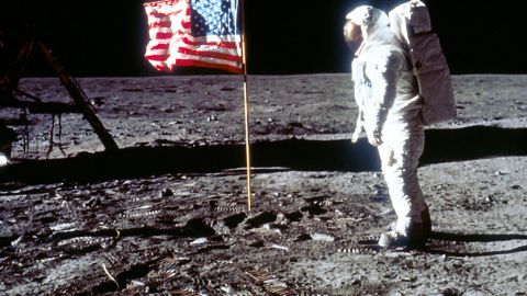 Buzz Aldrin poses next to the U.S. flag on July 20, 1969, on the moon during the Apollo 11 mission. (Photo by NASA/Liaison)
