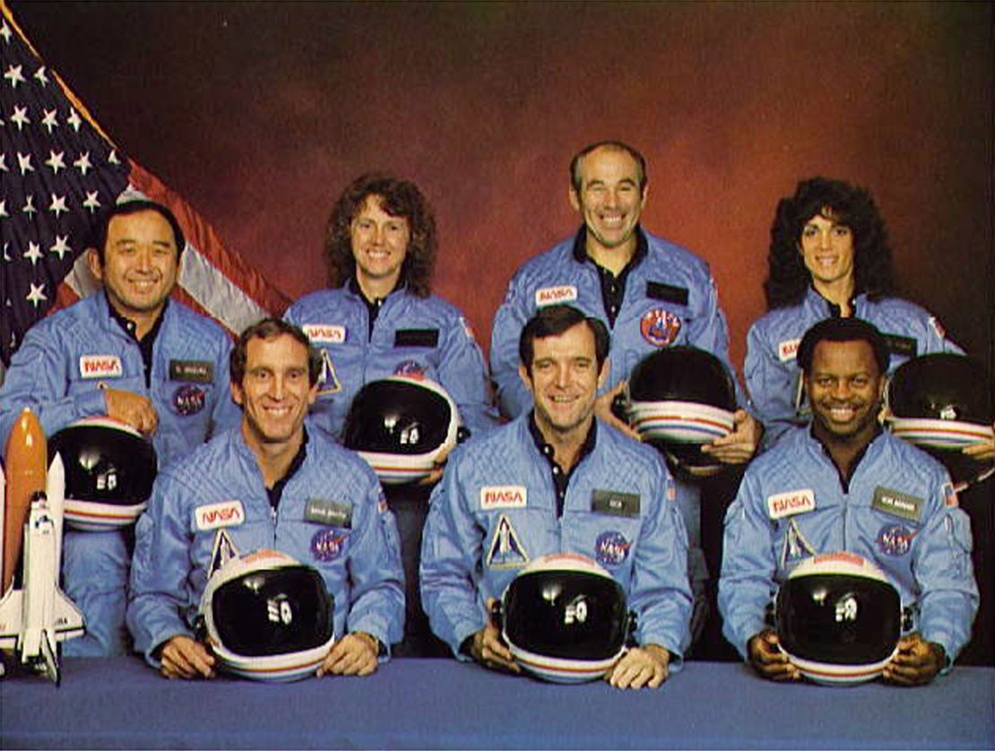 Challenger crew members: (Back, L-R) Ellison Onizuka, Christa McAuliffe, Greg Jarvis, Judy Resnick. (Front, L-R) Mike Smith, Dick Scobee, Ron McNair.