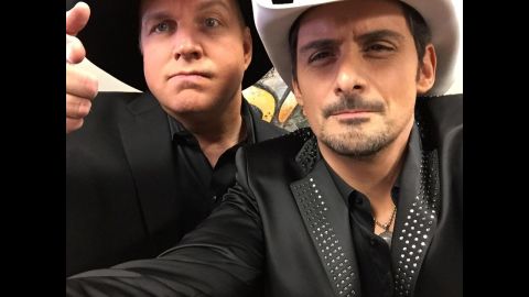 At the Country Music Awards on Wednesday, November 5, singer Brad Paisley announced the sex of Carrie Underwood's baby. It appears Underwood and her husband, hockey player Mike Fisher, are having a boy. Later that night, Paisley, right, <a href="https://twitter.com/BradPaisley/status/530176728144945152" target="_blank" target="_blank">tweeted this selfie</a> with Garth Brooks. "Wanna see my Garth selfie just before I let the cat out of the bag?" he asked. "Lil' Garth Fisher. Just sayin'!"