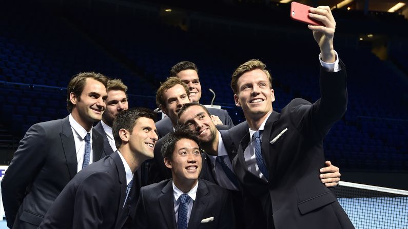 Federer joins the other eight finalists in the ATP World Tour Finals for a "selfie" ahead of the action at the 02 Arena.