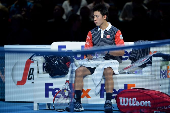 Japan's Kei Nishikori, the first Asian man to play in the World Tour Finals singles, struggled to maintain the form he showed when beating Murray in straight sets on Sunday. 