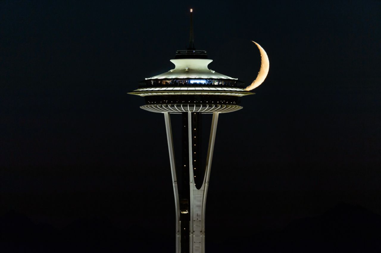 It took photographer <a href="http://ireport.cnn.com/docs/DOC-1157291">Tim Durkan</a> "a lot of prep, hard work, and just plain good luck" to capture the crescent moon behind Seattle's Space Needle in July 2014.