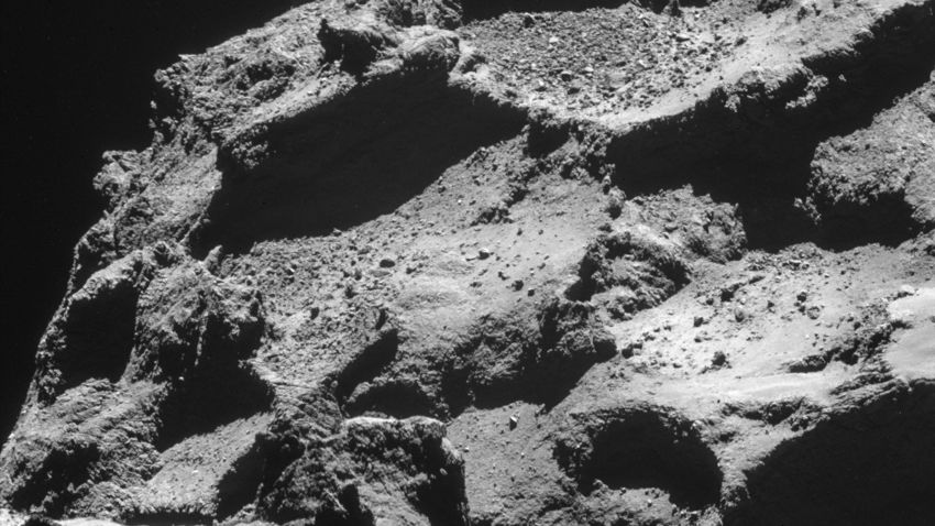 This November 11, 2014 handout photo provided by the European Space Agency (ESA) shows the surface of the 67P/Churyumov-Gerasimenko comet, taken from an altitude of approximately 10km by the Rosetta probe.