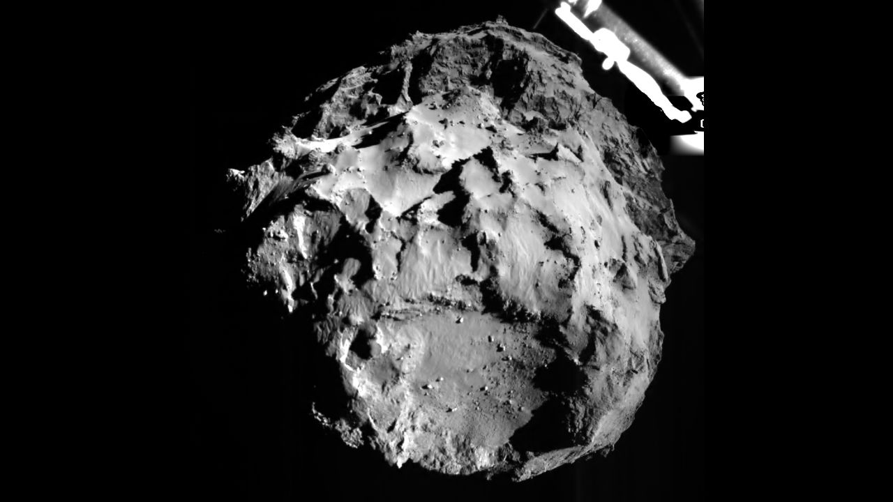 The image of Comet 67P/Churyumov-Gerasimenko was taken by a camera on the Philae lander during its descent to the comet on November 12, 2014. The lander was about 1.9 miles (3 kilometers) from the surface at the time. Philae touched down on the comet about seven hours later.