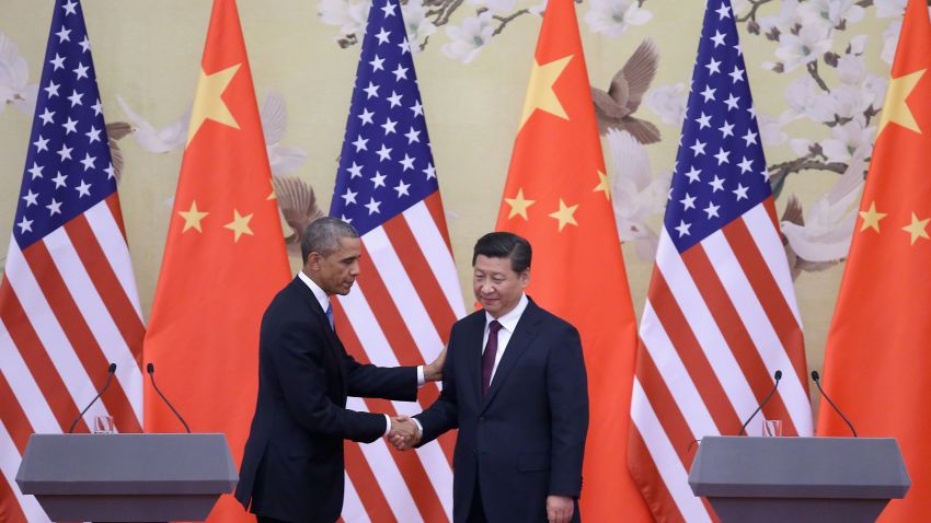 U.S. President Barack Obama (L) shakes hands with Chinese President Xi Jinping (R) after a joint press conference at the Great Hall of People on November 12, 2014 in Beijing, China. U.S. President Barack Obama pays a state visit to China after attending the 22nd Asia-Pacific Economic Cooperation (APEC) Economic Leaders' Meeting.