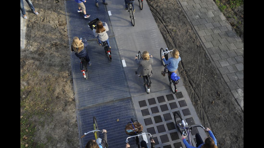 The path is made of concrete modules with solar cells and covered with a thin layer of tempered glass.