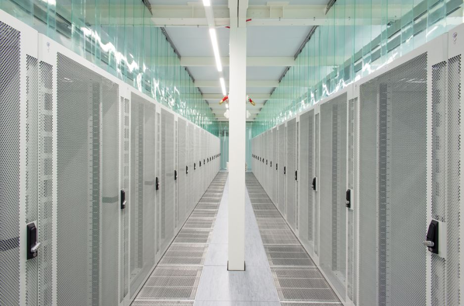 A long row of server cabinets pictured at Verne Global in Keflavik, Iceland.