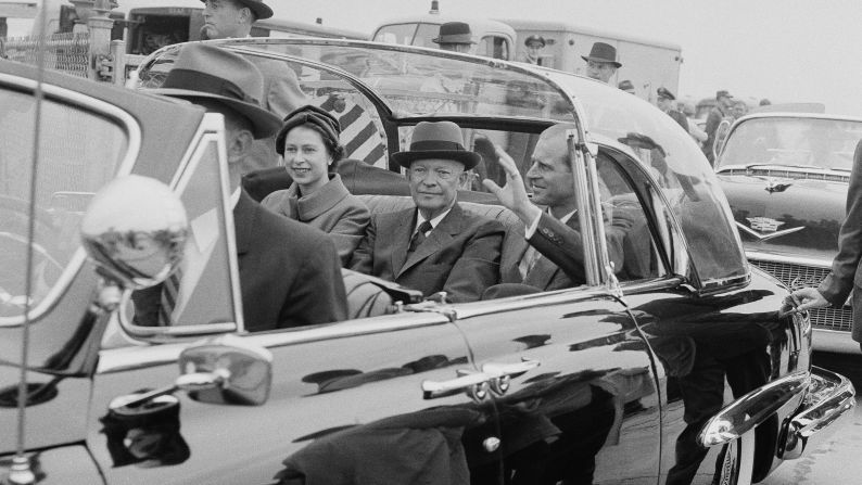 In November 1957, Queen Elizabeth II visited Washington, D.C., as pictured here with President Dwight D. Eisenhower and Prince Philip. She has met numerous presidents over the years and visited 116 countries. 