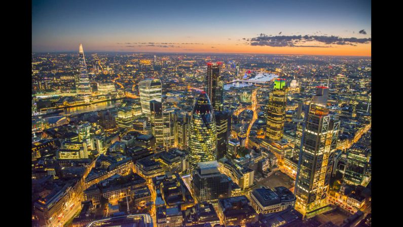 A view of the city shows skyscrapers Swiss Re tower, also known as the Gherkin, Tower 42, the Leadenhall Building, aka the Cheesegrater, and 20 Fenchurch Street.