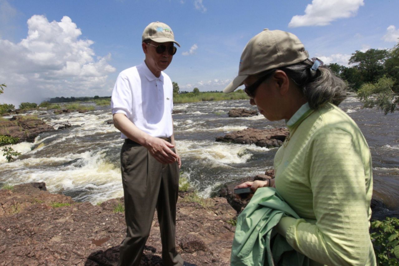 U.N. Secretary General Ban Ki-moon and his wife visited Victoria Falls in February  2012. This pictures is in Livingstone, Zambia.