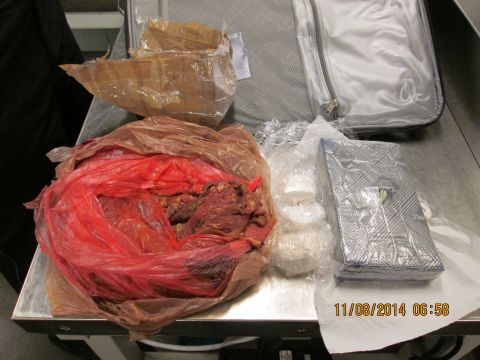 TSA screeners say they found about 3 pounds of cocaine hidden in raw meat in a passenger's luggage at Mineta San Jose International Airport.