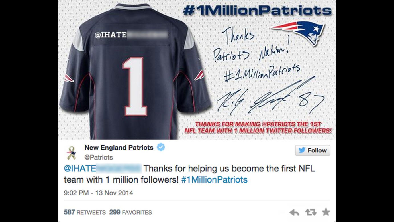 To help celebrate reaching 1 million Twitter followers, the NFL's New England Patriots encouraged fans to retweet a post in exchange for a personalized digital Patriots jersey. This promotional move led to the Patriots accidentally sending out a tweet that contained a racial slur. 