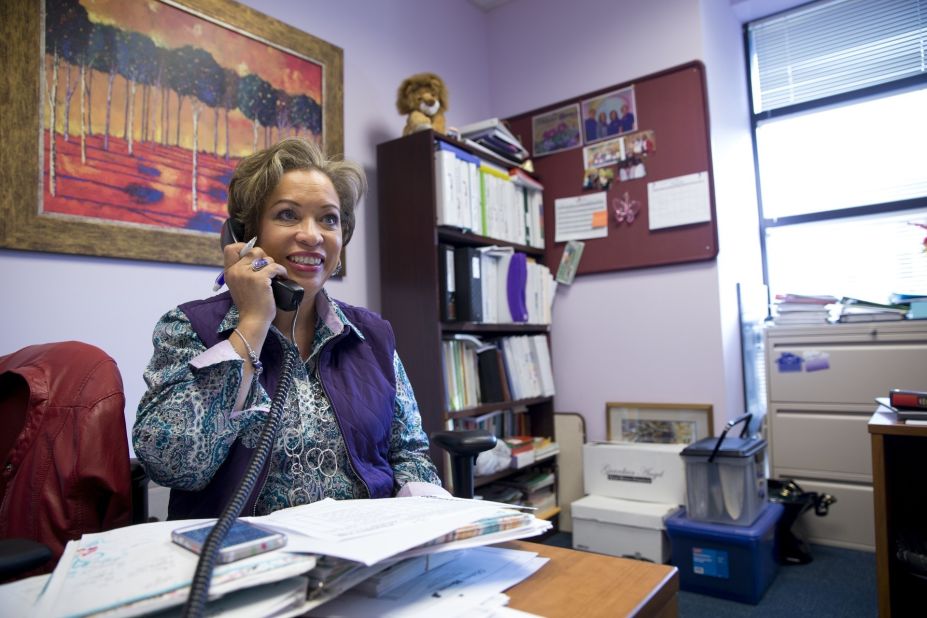 March-Grier answers phones inside her office at Roberta's House.