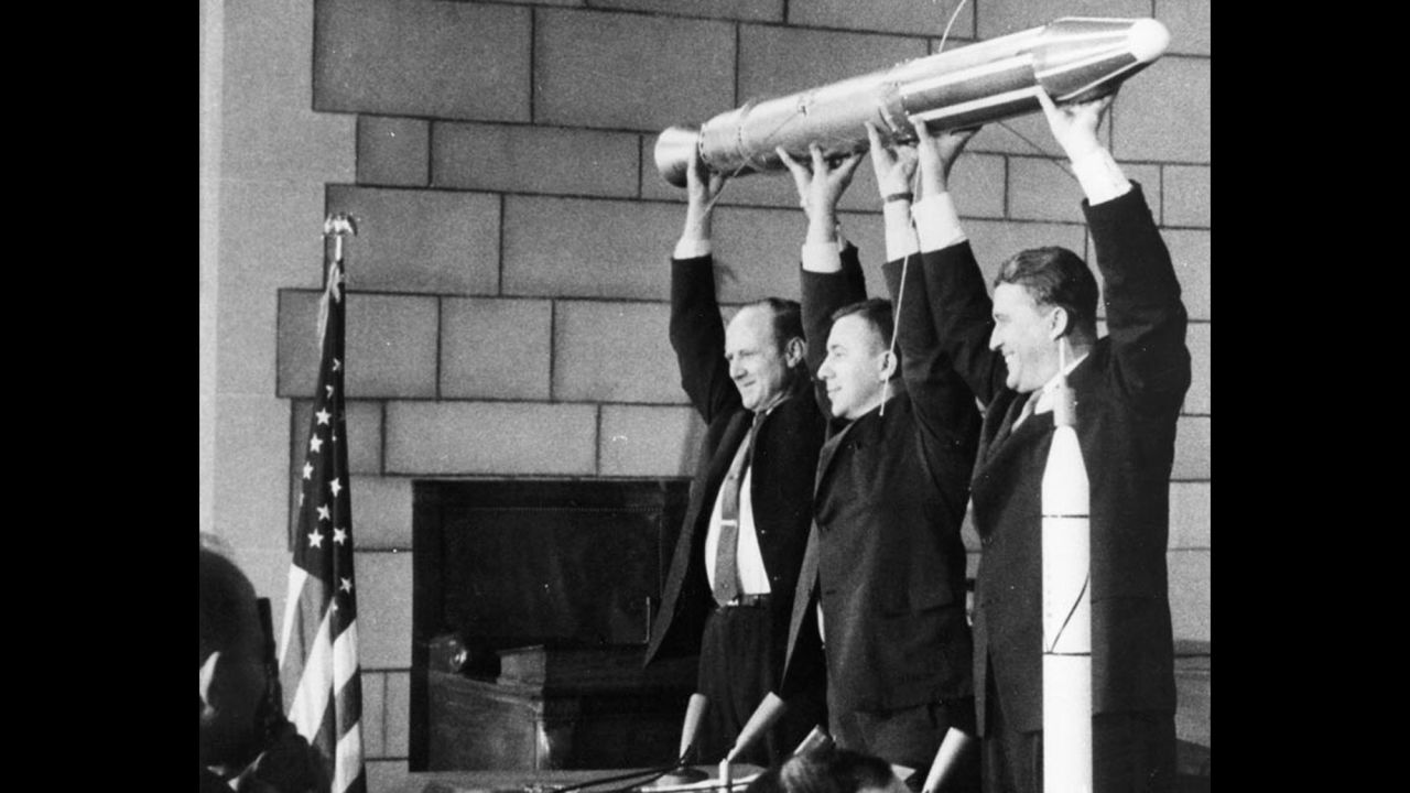 A model of <a href="https://www.nasa.gov/mission_pages/explorer/explorer-overview.html" target="_blank" target="_blank">Explorer 1</a>, America's first satellite, is held by, from left, NASA official William Pickering, scientist James Van Allen and rocket pioneer Wernher von Braun. The team was gathered at a news conference at the National Academy of Sciences in Washington to announce the satellite's successful launch. It had been launched a few hours before, on January 31, 1958.