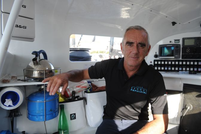 Peyron shows the living quarters on Bank Populaire VII ahead of his single handed tilt at the Route du Rhum.