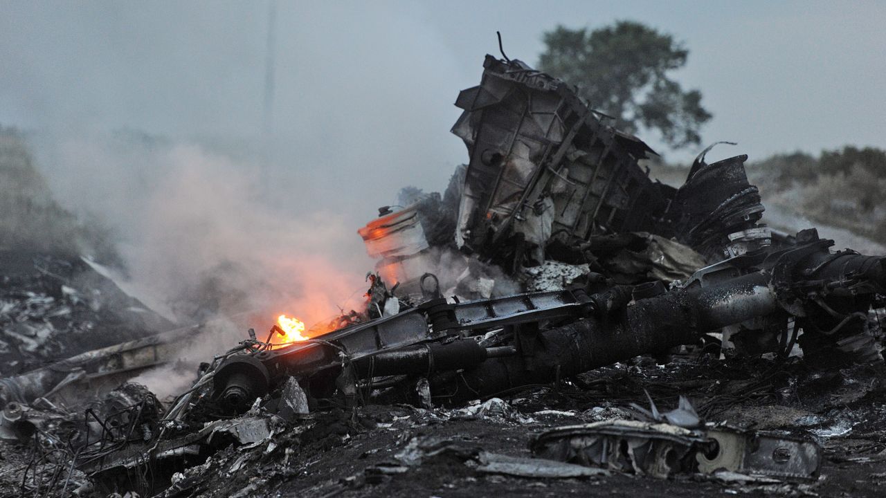 Flames amongst the wreckages of Malaysia Airlines Flight 17 in eastern Ukraine on July 17, 2014.