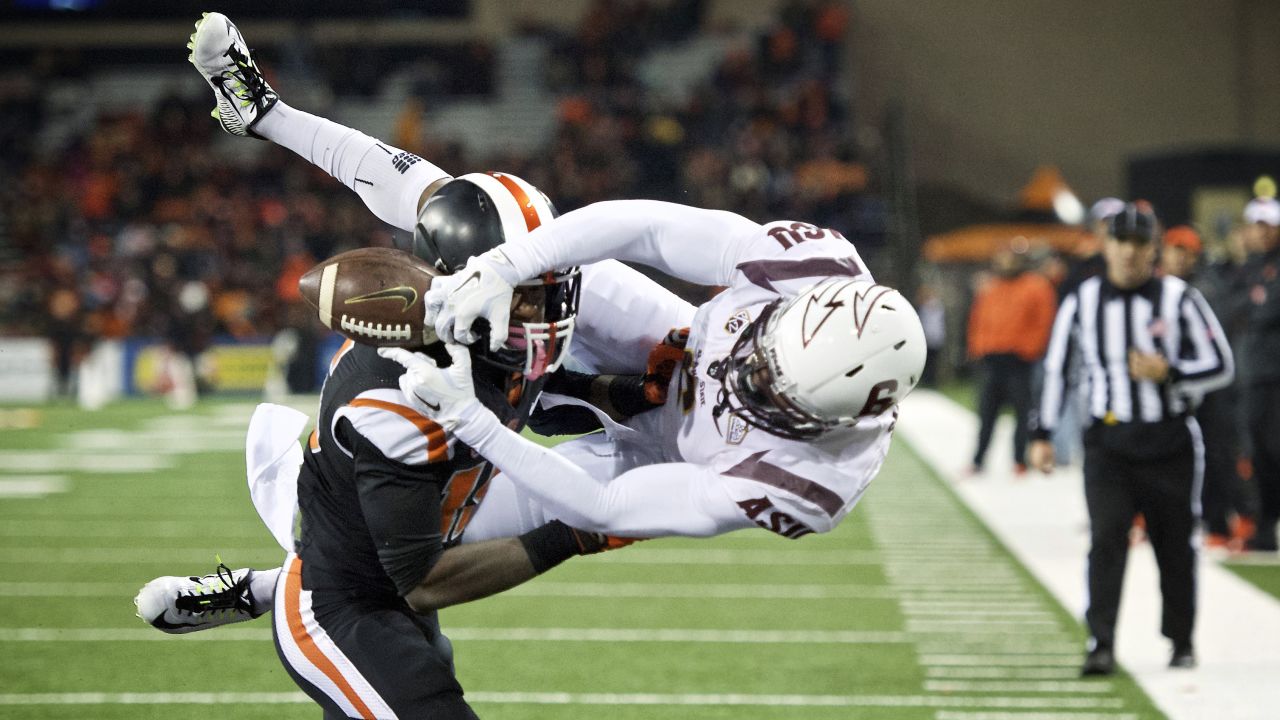 Oregon State cornerback Larry Scott, left, breaks up a pass intended for Arizona State's Cameron Smith during a college football game played Saturday, November 15, in Corvallis, Oregon. Oregon State upset the visiting Sun Devils 35-27.